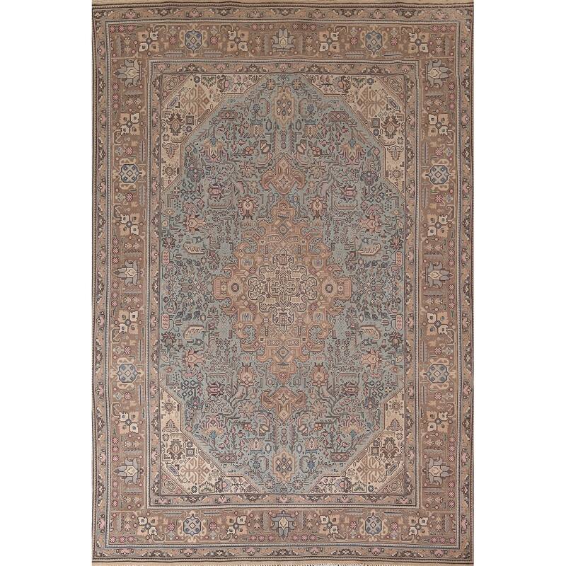 Light Blue Geometric Tabriz Persian Vintage Rug Handmade Wool Carpet - 7'8"x 11'5"