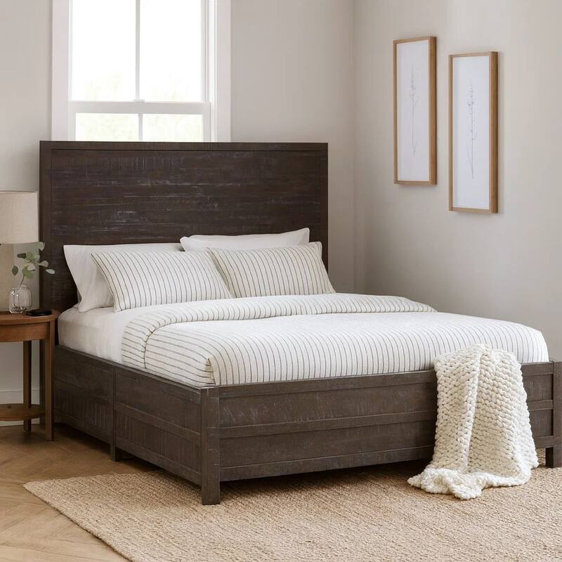 Cas California King Bed, Rustic Rough Hewn Solid Wood Planks, Dark Gray
