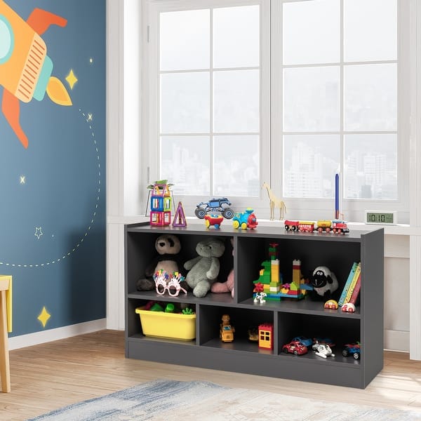 slide 2 of 10, Gymax Kids 5-Cube Storage Cabinet 2-Shelf Wood Bookcase Organizer Grey Grey