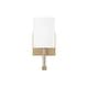 preview thumbnail 4 of 3, 5" W x 10.25" H 1-Light Wallchiere Sconce in Matte Brass with Clear Acrylic Accents and Cylindrical White Fabric Shades