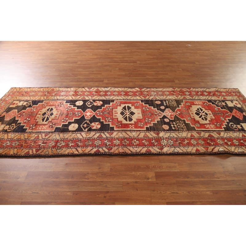Geometric Ardebil Persian Vintage Runner Rug Handmade Wool Carpet - 3'10"x 10'0"