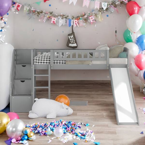 slide 2 of 10, Elegant Stairway Twin Size Loft Bed with Two Drawers, Convertible Ladder and Slide, Sturdy and Durable, Maximized Space, Grey Grey