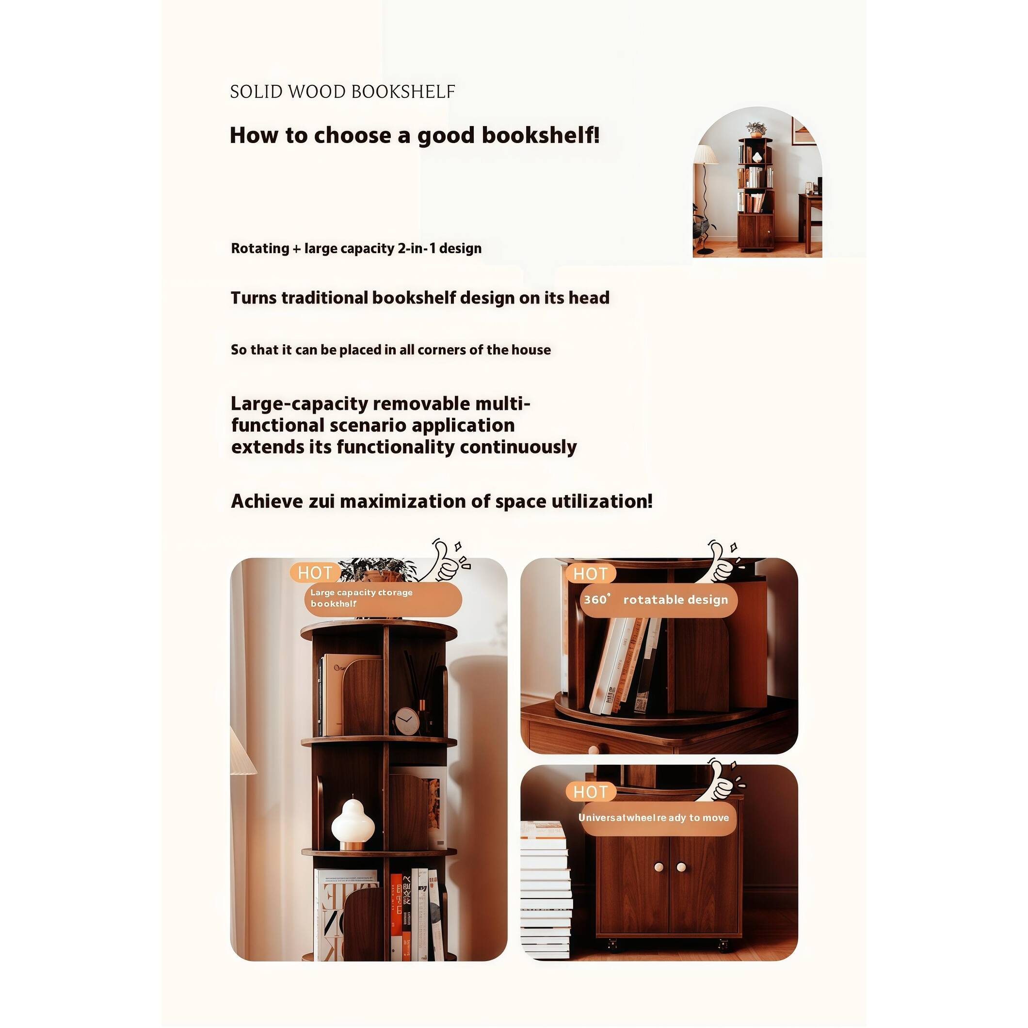 Rotating Bookshelf,360 Degree Display 5 Tier Corner Bookshelf With