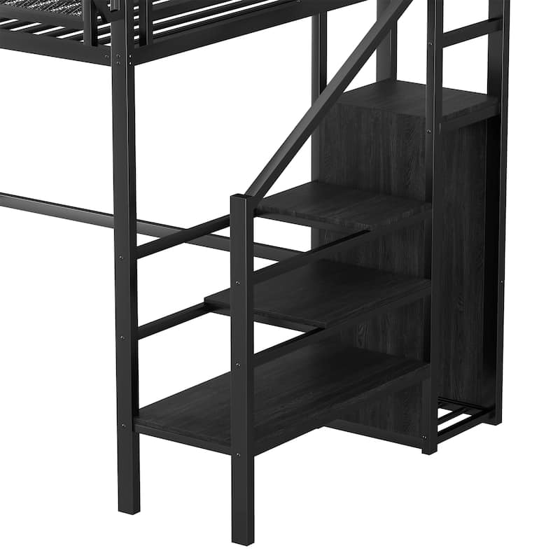Metal Loft Bed with Wooden Stairs Built-in Storage Shelves and Wardrobe, High Loft Bed Frame with Side Grid Storage Rack