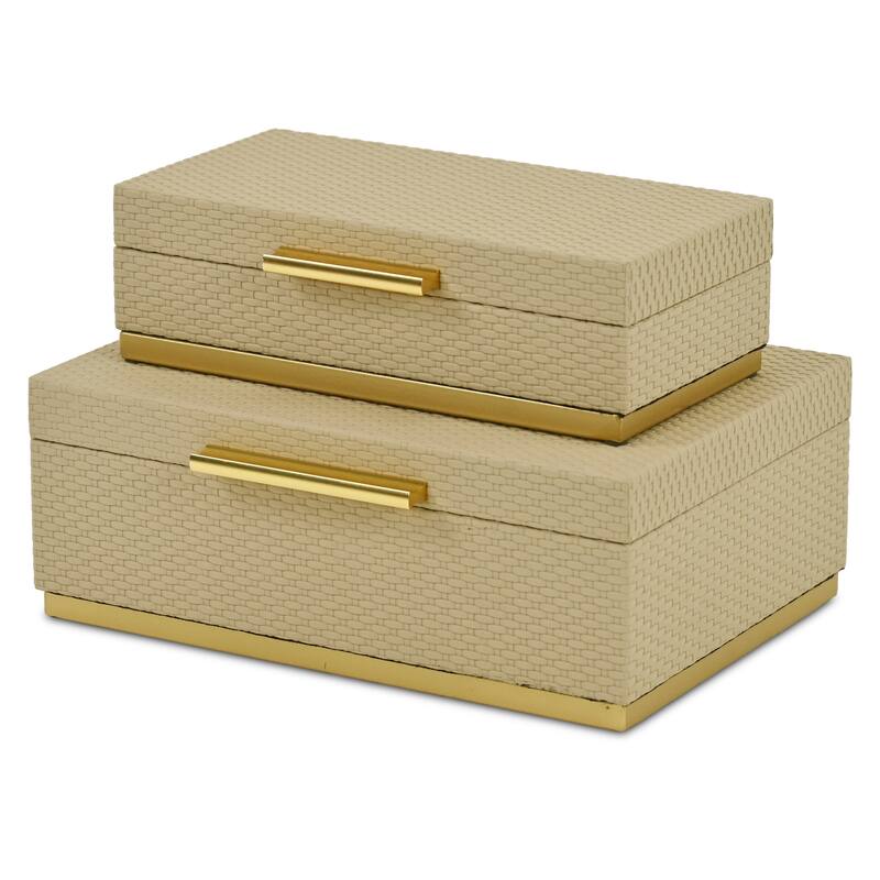 Tamsin Set of 2 Rectangular Decorative Storage Boxes - Wicker Weave Pattern with Gold Hardware
