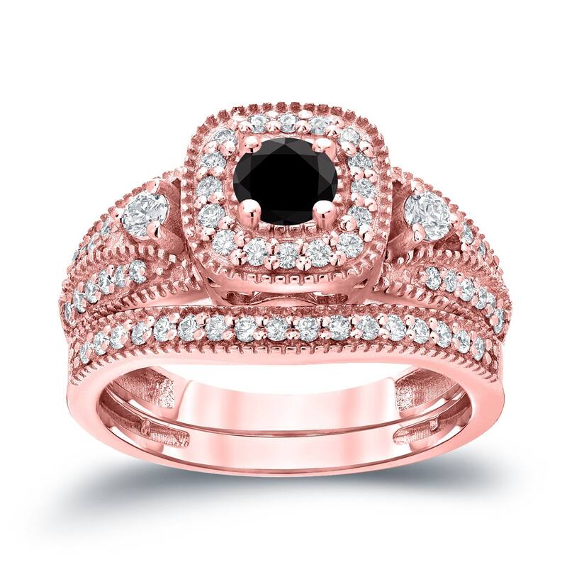 Auriya Vintage Milgrain 3/4ctw Round Halo Black Diamond Engagement Ring Set 14k Gold - 4 - Rose