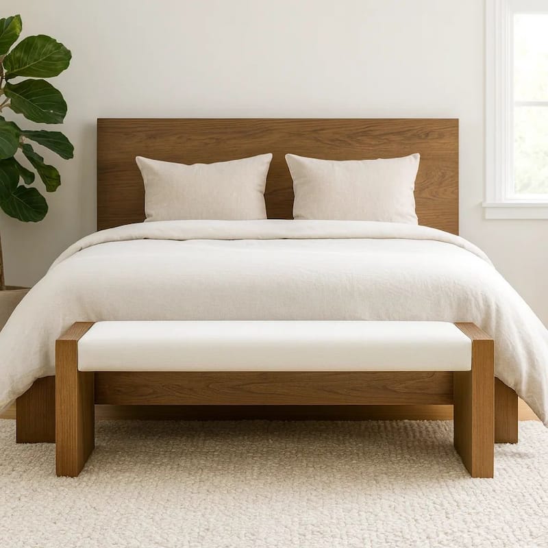 Rux 68 Inch Dining Bench, White Upholstery, Grain Details, Brown Wood