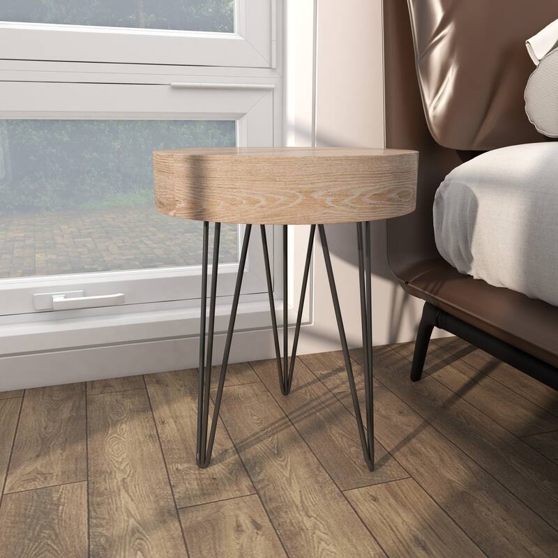 Brown Wooden Accent Table with Black Metal Hairpin Legs - 16 x 16 x 19Round