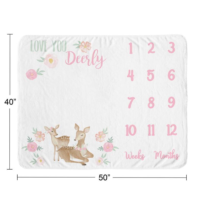 Woodland Deer Collection Girl Baby Monthly Milestone Blanket - Blush Pink and Mint Green Boho Watercolor Forest Love You Deerly