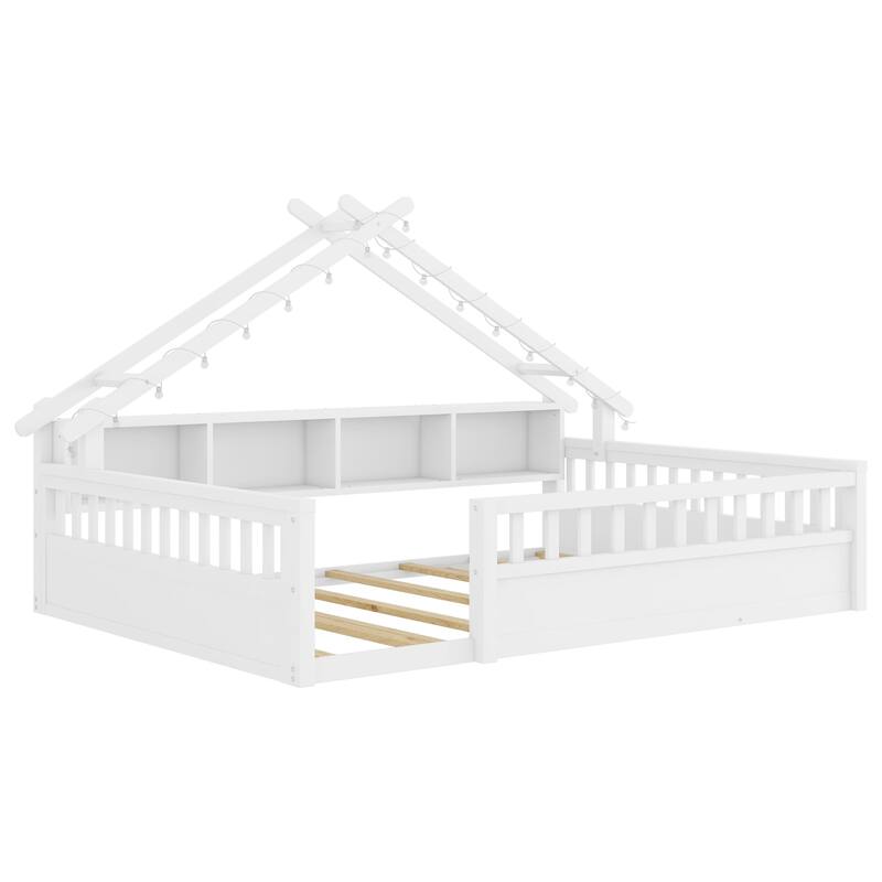 House-shaped Daybed Kids Wood House Bed Montessori Toddler Floor Bed with Roof Shape Storage Bookshelves and Light