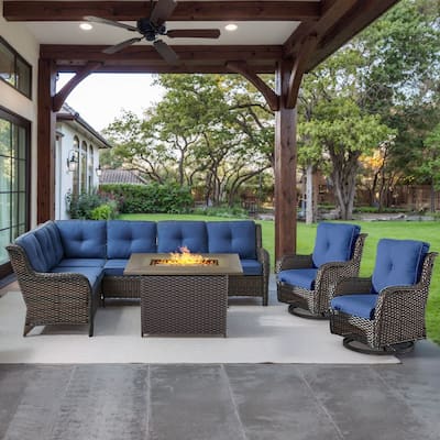 Gymojoy 4-Piece Outdoor Wicker Patio Furniture with Fire Pit and L-shaped Sectional Sofa, Coversation Set with Thick Cushions