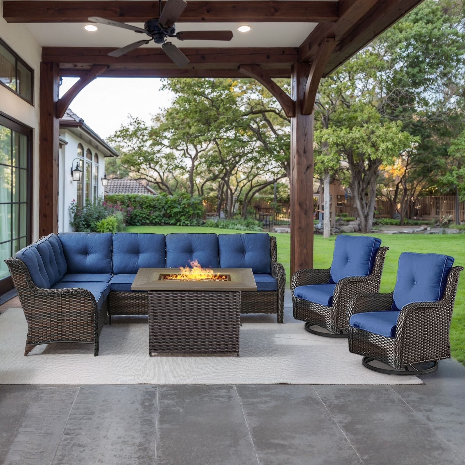 Gymojoy 4-Piece Outdoor Wicker Patio Furniture with Fire Pit and L-shaped Sectional Sofa, Coversation Set with Thick Cushions