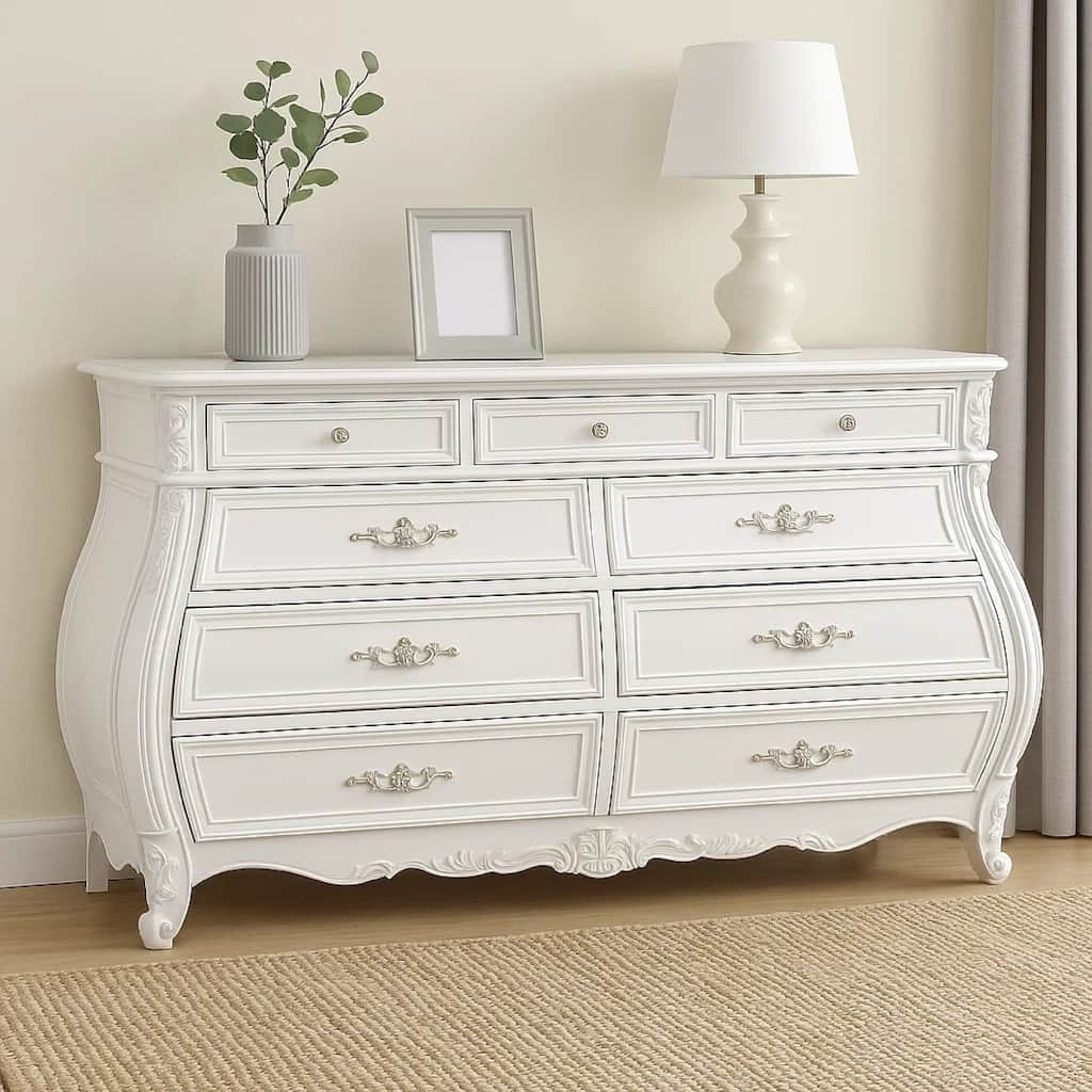 Valena 9 Drawer Wide Dresser, White Solid Wood with Carved Accents