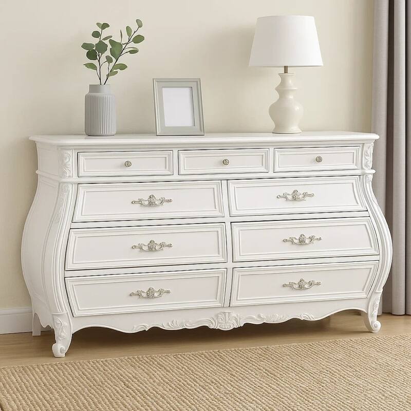 Valena 9 Drawer Wide Dresser, White Solid Wood with Carved Accents