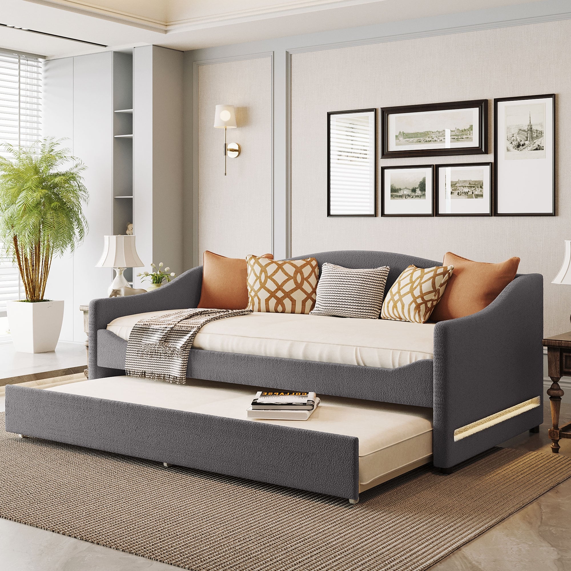 Grey Twin Size Upholstered Daybed with Trundle, Shelves & Built-in Light
