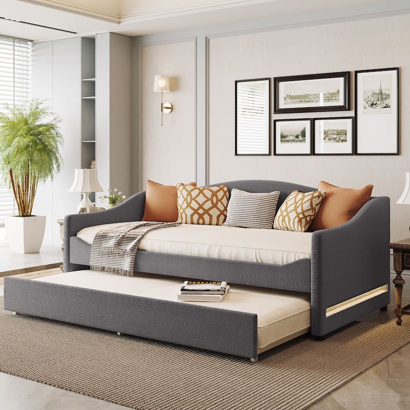 Teddy Fleece Twin Size Upholstered Daybed with LED Lights and Trundle, Space-Saving Design - Grey
