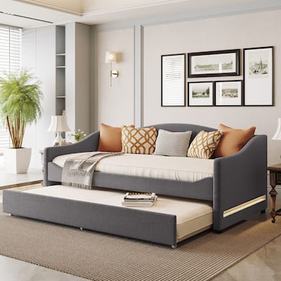 Teddy Fleece Twin Size Upholstered Daybed with Light and Trundle, Gray