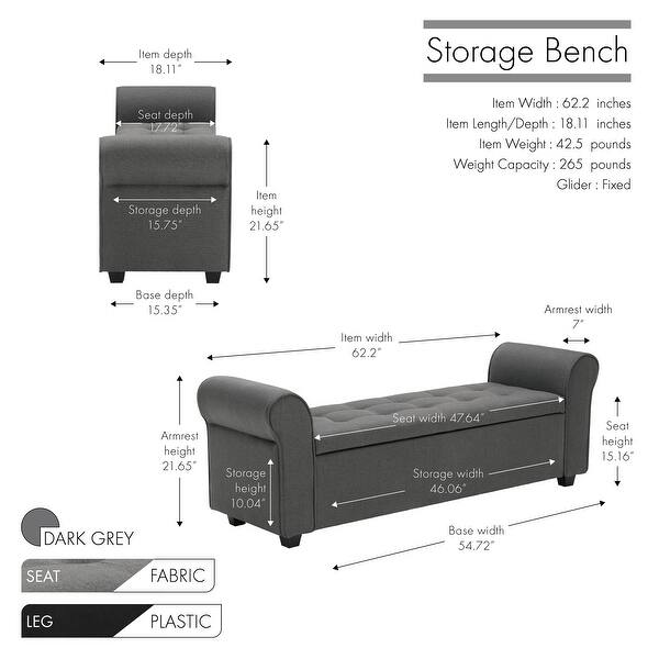 Porthos Home Wena Storage Bench, Rolled Armrests, Fabric