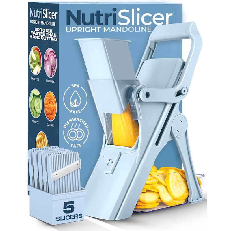 NutriSlicer Upright Mandoline Slicer - 5 Stainless Steel Blades, BPA-Free and Dishwasher Safe - Blue