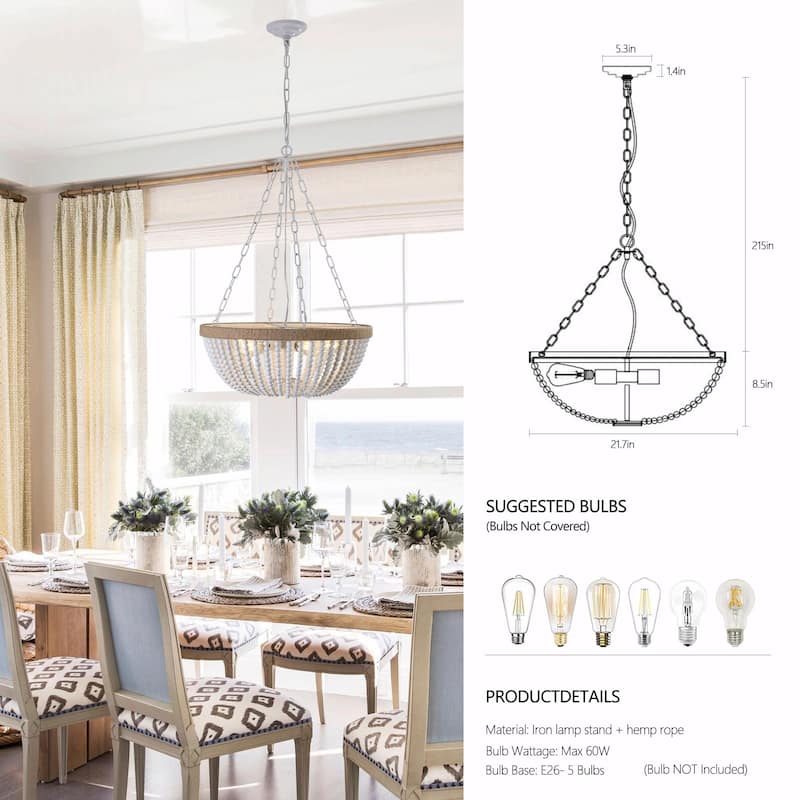 23.6 Inch Boho Rattan Pendant Light with 5-Tier Chandelier