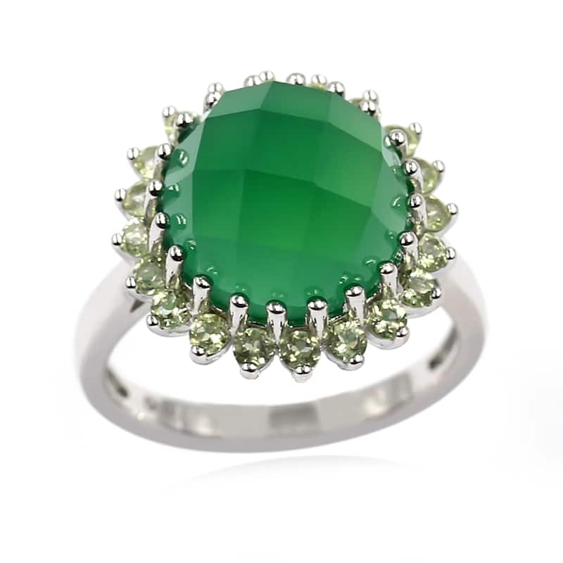 925 Sterling Silver Green Onyx, Peridot Halo Ring