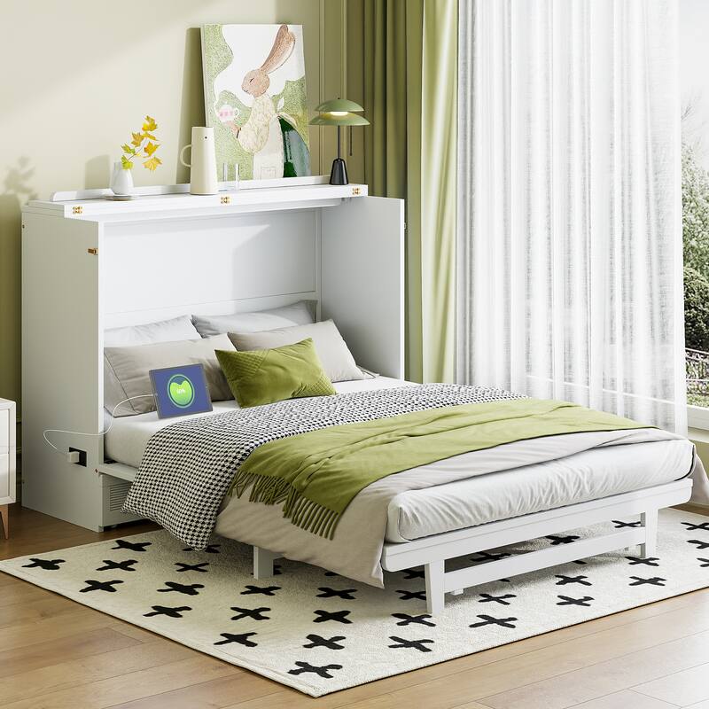 Wood Murphy Bed with Large Drawer, Murphy Cabinet with Foldable Panel, Living Room Murphy Cabinet Bed with USB Ports and Outlets - White - Full