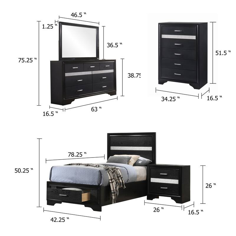 Vino Black 5 Piece Twin Bed Set with Storage, Dressers, Glitter Accent