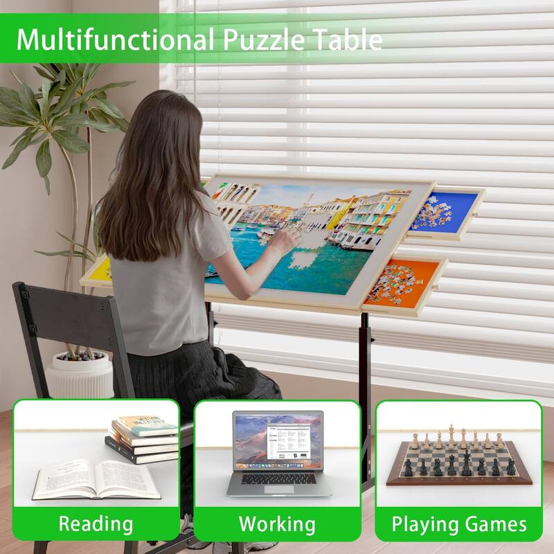 Wooden 1500 Piece Puzzle Table With Drawer,360°Tilting Puzzle Table With Legs And Wheels,Adjustable Height And Angle