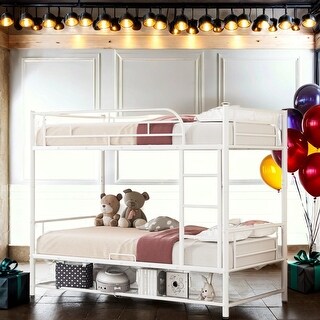 Metal Loft Bed with Storage Space and Ladder, Twin Over Twin