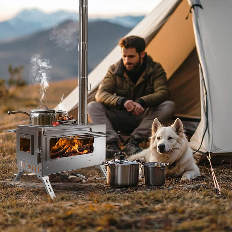 Large Camping Wood Stove, Portable Stainless Steel Hot Tent Stove with 7 chimney pipes