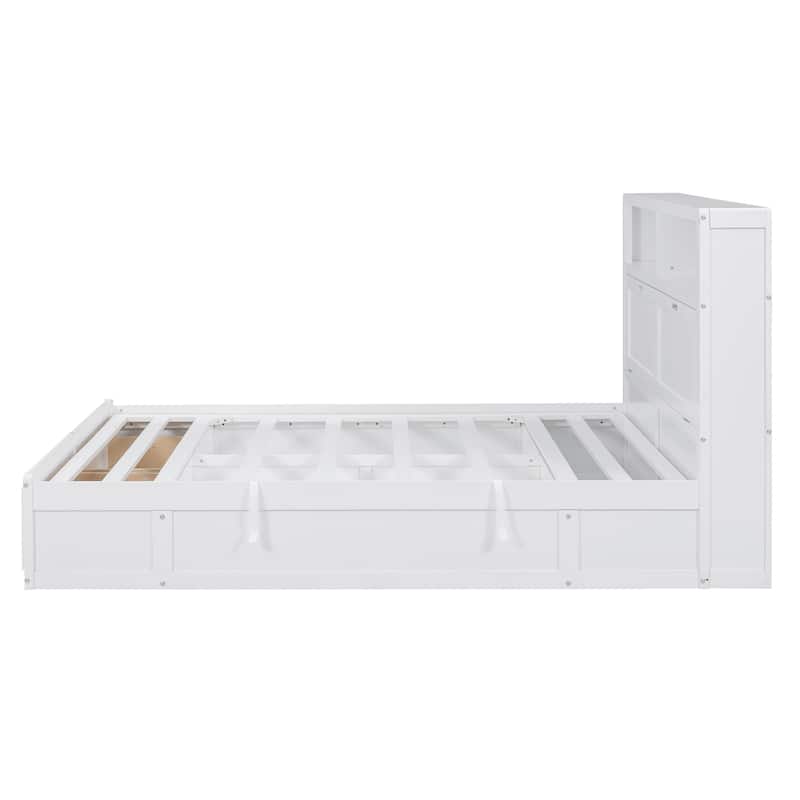 Queen Size Wooden Bed with LED Storage Headboard, Charging Station, and 2 Drawers