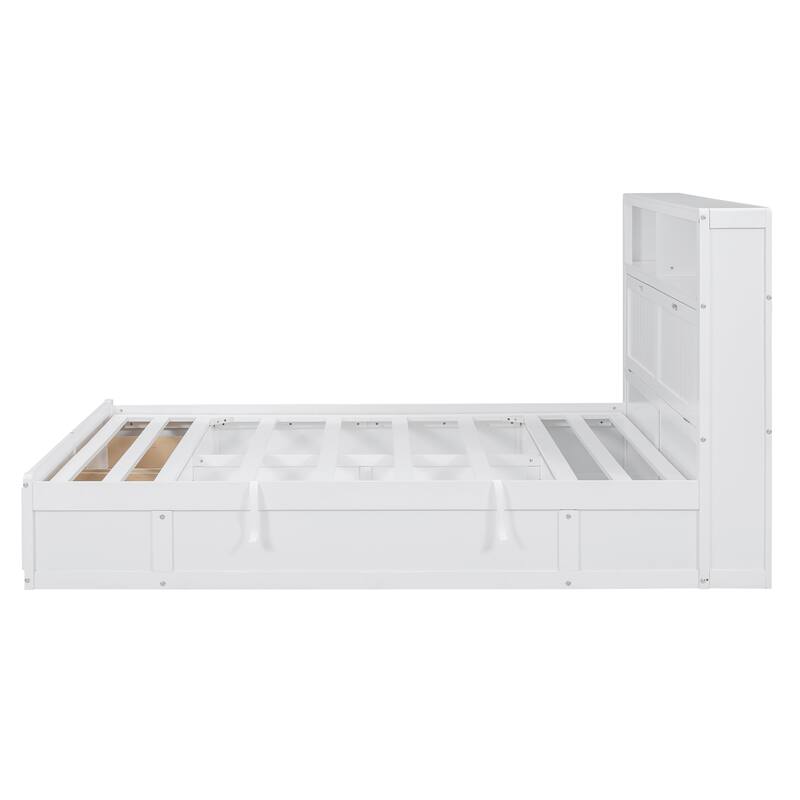 Wooden Platform Bed with Storage LED Headboard, Charging Station and 2 Drawers