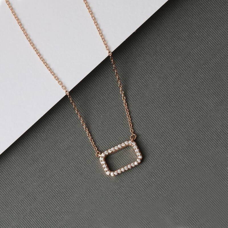 1/10ct Diamond Geometric Pendant Necklace in Silver for Women - Rectangle - Rose