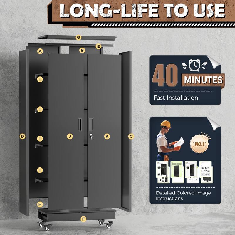 Tall Garage Storage Rolling Tool Cabinet with Locking Doors and Adjustable Shelves for Garage, Home Office, School