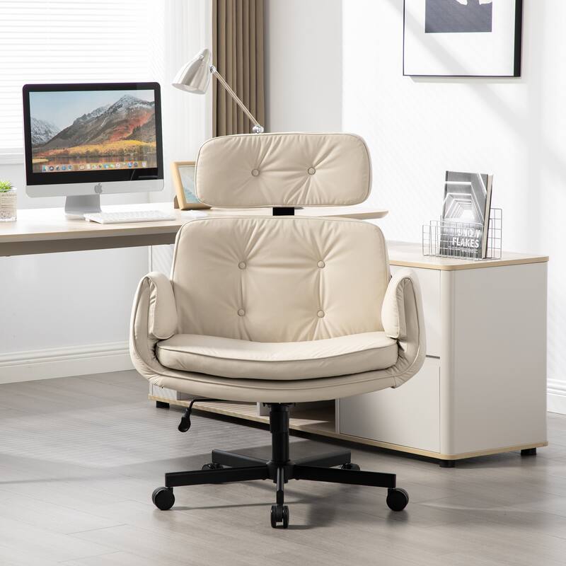 Criss Cross Chair with Adjustable Armrests Wheels Headrest, PU Lounge Vanity Desk Chair with Wide Seat, Swivel Office Chairs