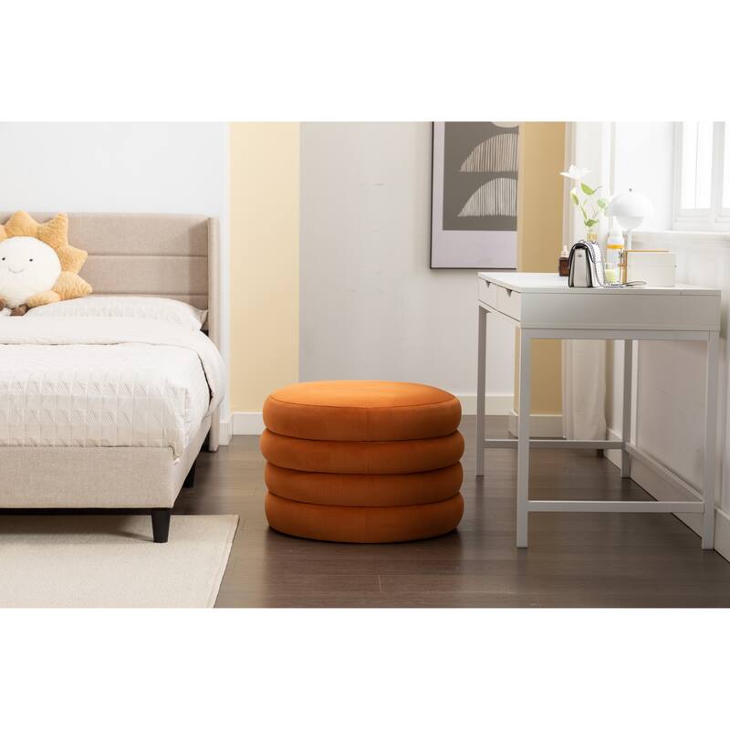 Velvet Round Ottoman with Storage, Footstool with Wooden Shelving, Multifunctional Round Vanity Stool for Makeup
