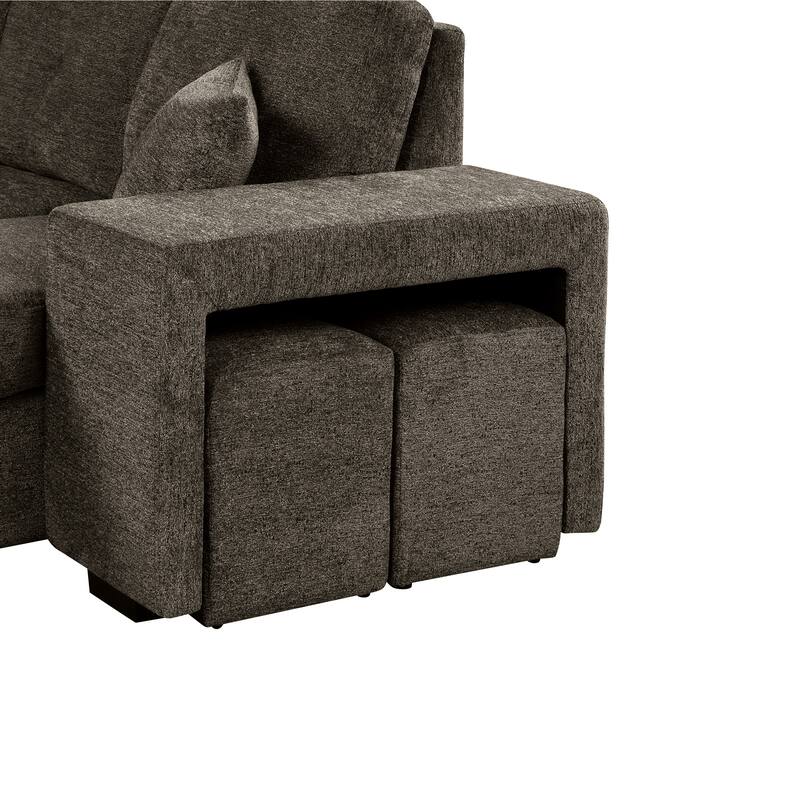 95" Velvet Sectional Sofa with Storage Chaise and 2 Stools and Reversible L-Shape Sofa Bed
