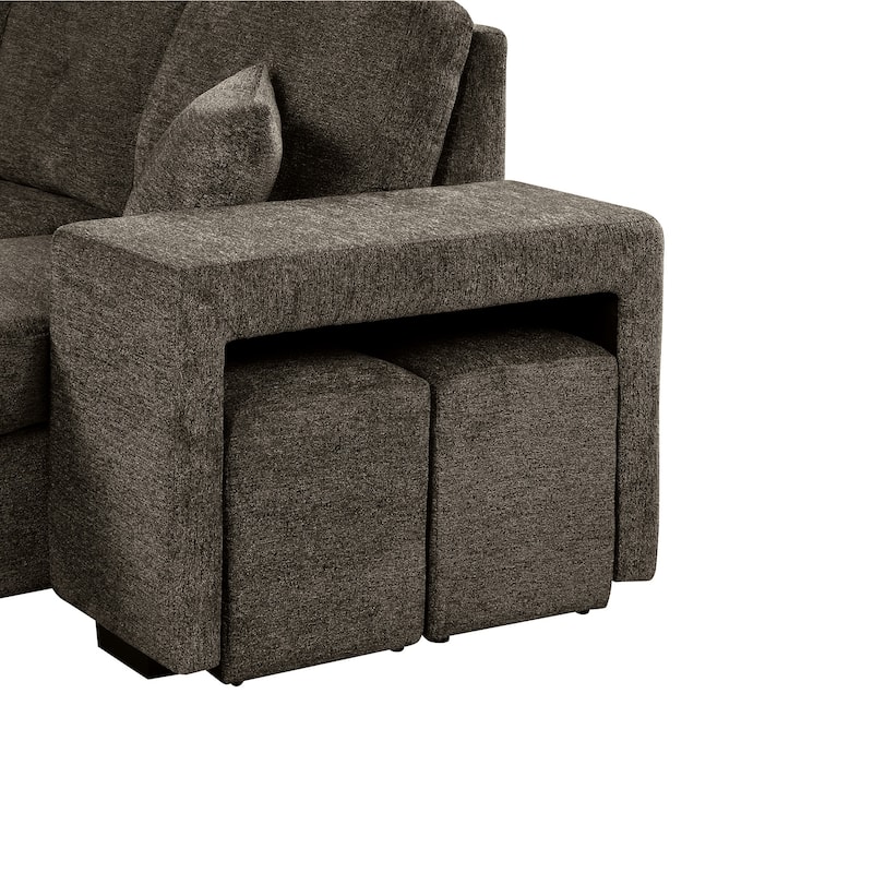 95'' Reversible L-Shaped 3-Seat Sleeper Sofa with Storage Chaise, Pull-Out Bed, and Side Shelf, Includes 2 Stools