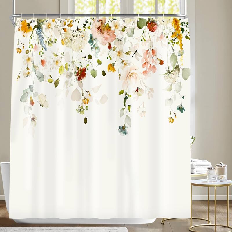 Floral Waterproof Fabric Shower Curtain with 12 Hooks 72x72 Inch