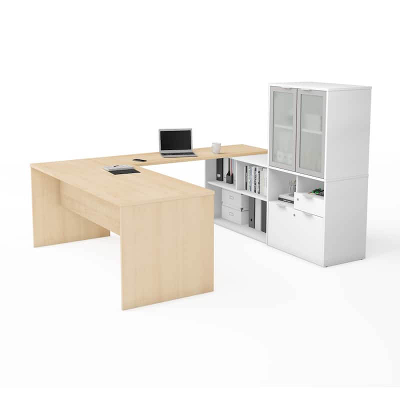Bestar i3 Plus U-Desk with Frosted Glass Door Hutch