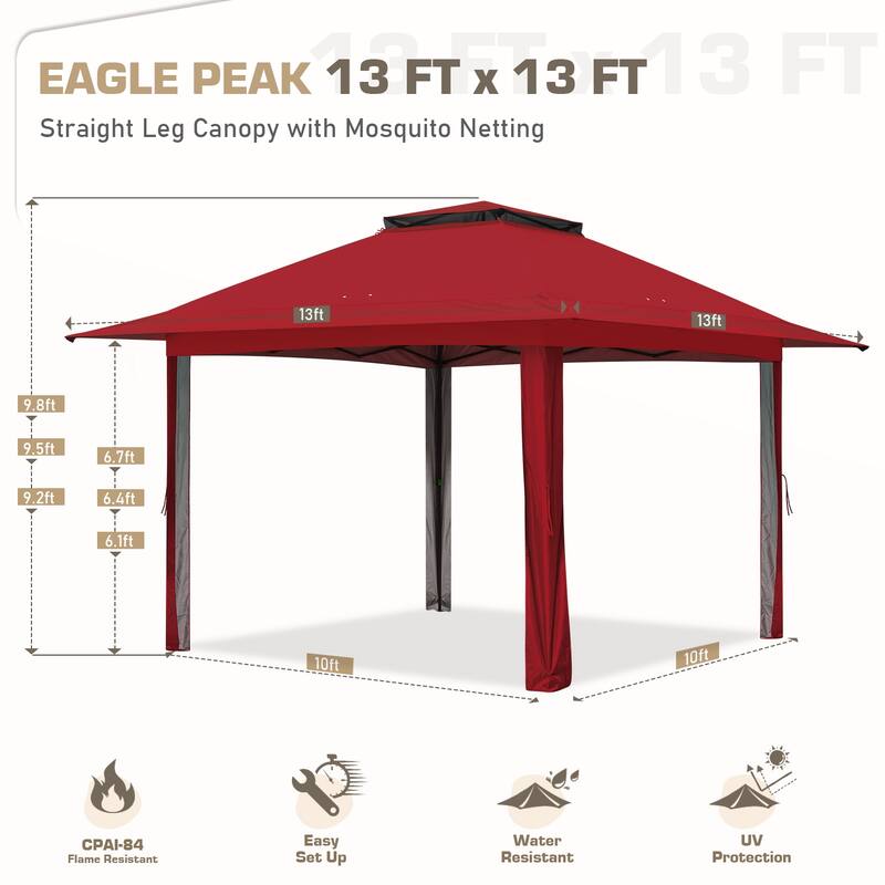 EAGLE PEAK 13x13 Pop Up Gazebo with Mosquito Netting, Easy Up Screened Canopy for Patio and Backyard, Easy Set-up Outdoor Gazebo - Red