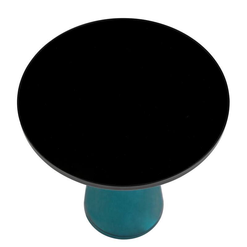 19-Inch Side Table Round Glass/Stone Tabletop End Table with Black Iron Rim and Glass Base