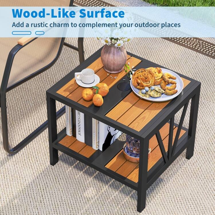 Black-Natural Metal 2-Tier Outdoor Side Table with Wood-Like Top and Umbrella Hole - 20.5" x 18" x 18"