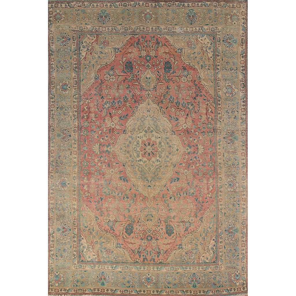 Pink Floral Tabriz Persian Vintage Area Rug Handmade Wool Carpet - 6'5" x 9'5"