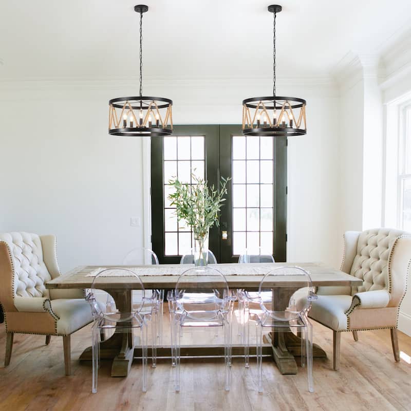 Modern 5-Light Hand-Woven Hemp Rope Drum Chandelier for Dining Room, Classic Semi Flush Mount Chandelier - W19.68"x H9.44"