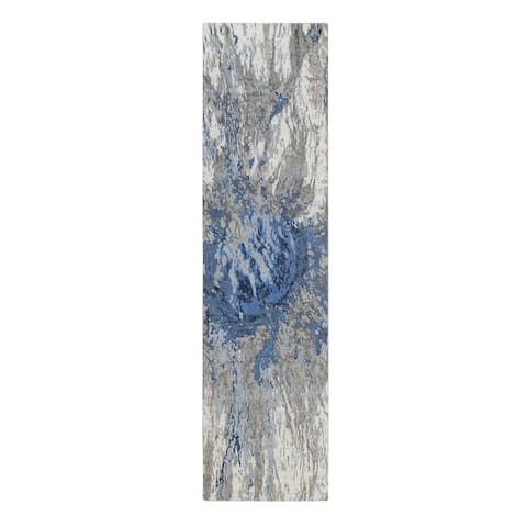 Shahbanu Rugs Denim Blue, Hand Knotted, Abstract Design, Hi-Low Pile, Wool and Art Silk, Oriental, Runner Rug (2'5" x 9'9")