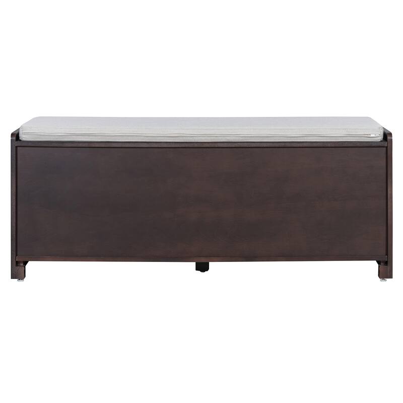 Rustic Storage Bench with Removable Cushion, Rattan Doors & Adjustable Shelf