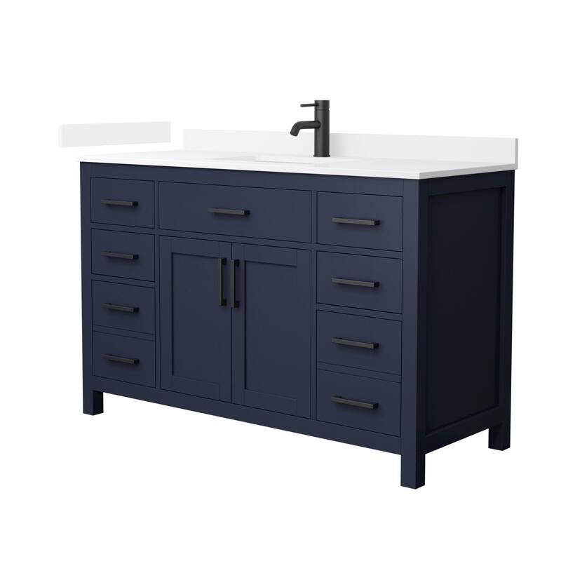 Wyndham Collection WCG2424-54S-QTZ-UNSMXX Beckett 54" Free Standing - Dark Blue / White Quartz Top / Matte Black