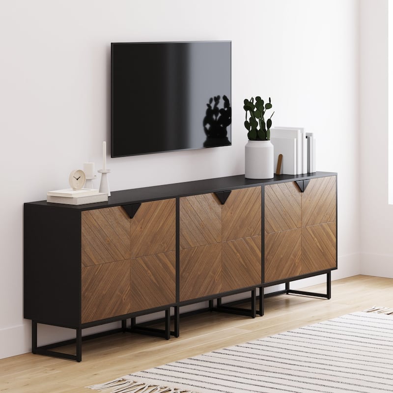 Nathan James Enloe Rustic Doors Metal Base Free Standing Modern Storage Cabinet for Entryway - Walnut Brown/Black Set of 3