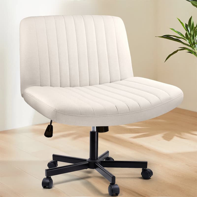 Bossin Criss Cross Chair Armless Office Desk Chair with Wheels,Fabric Padded Cross Legged Chair, Swivel Wide Seat Vanity Chair - Beige